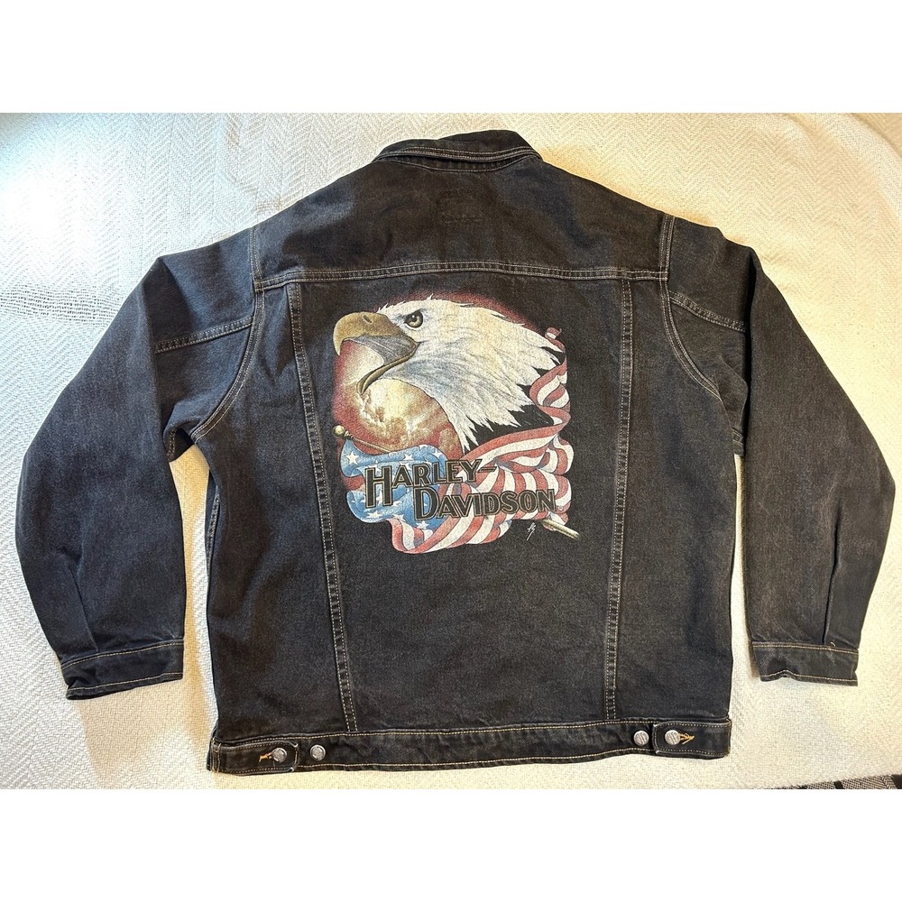 VTG 1990's Harley Davidson Black Denim Jacket with Eagle and Flag Sz XL